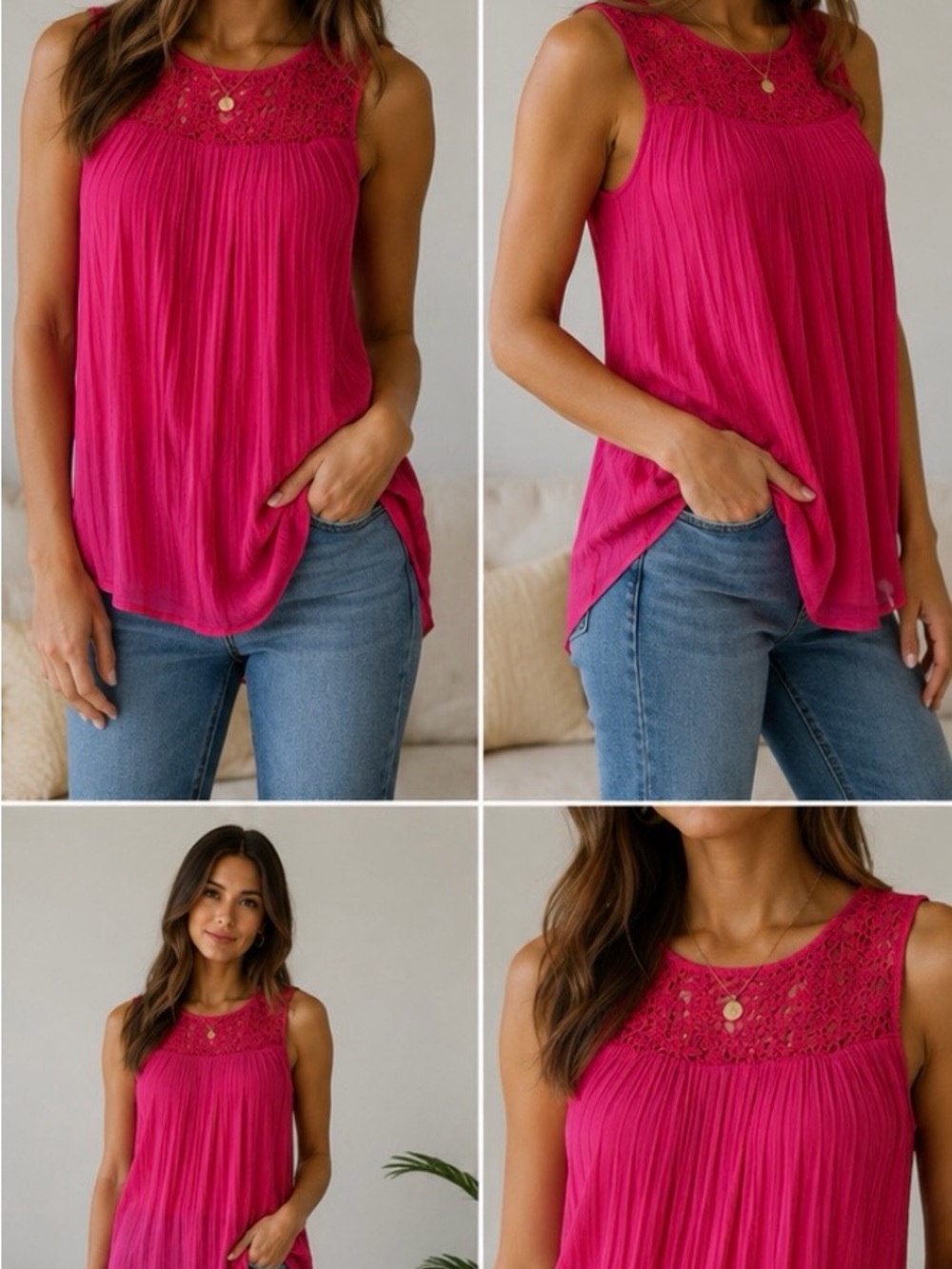 NWT Lucky Brand Pink Crochet Pleated Sleeveless Tank Top Blouse XS Boho